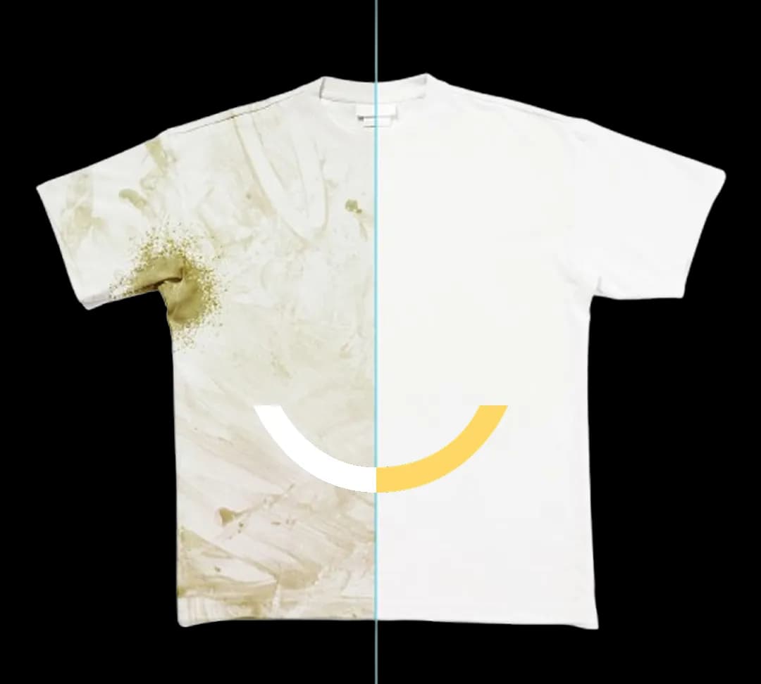A soiled t-shirt on the left transforming into a clean, bright one with the Fundry smile on the right